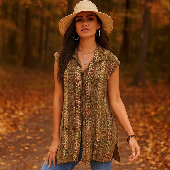 Designer Ellen Hauptil Embroidered Sequined Silk Sleeveless Art Tunic M/L - Picture 1 of 7